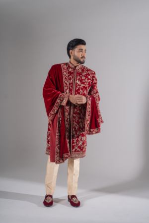 Royal Red Velvet Embroidered Sherwani