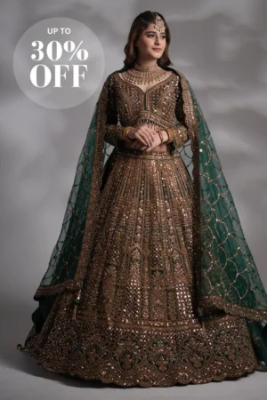Emerald Green & Brown Mirror Work Bridal Lehenga Set