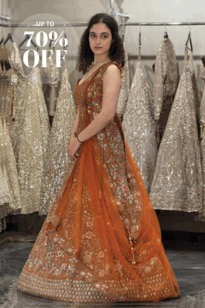 Rust Orange Mirror & Sequin Embroidered Bridal Lehenga